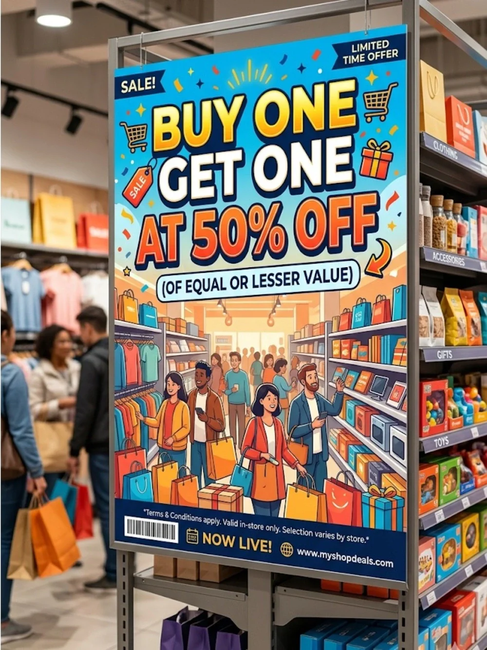 Buy One Get One 50% Off Sale Poster - Blue & Orange
